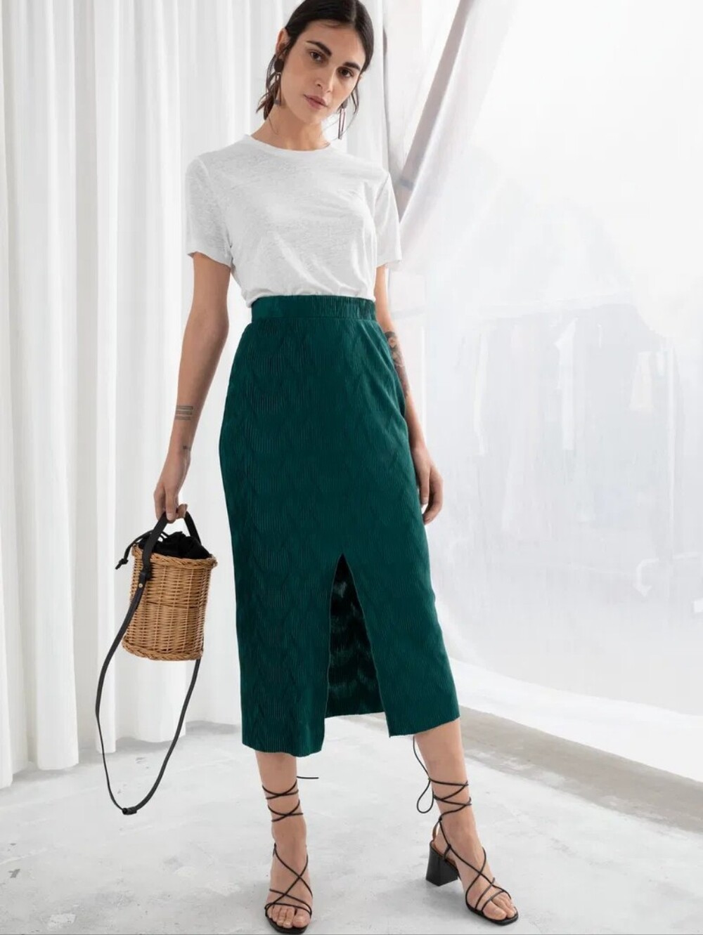 & Other Stories Emerald Green Textured Midi Skirt